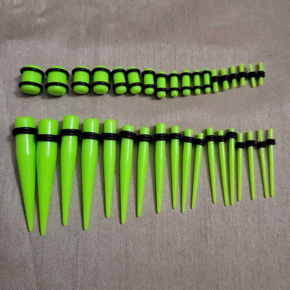 9 sizes 14 - 00 gauge neon green acrylic taper and plug ear lobe stretching set